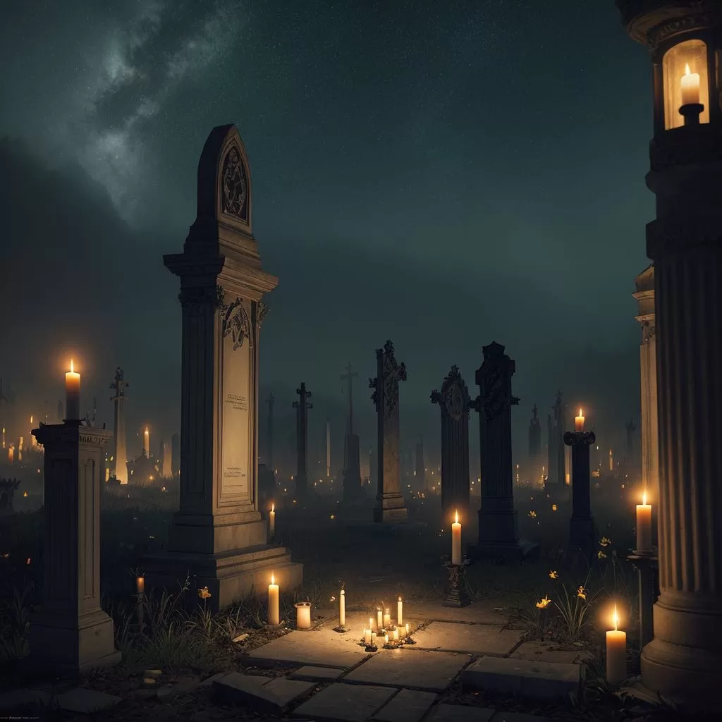 En el cementerio del metrónomo no correspondido, iluminado por velas, pintura digital, artstation, concept art, craig mullins, impresionante, resolución 8 k, extremadamente detallado, hermoso, establishing shot, artístico, hiperrealista, octane render, iluminación cinematográfica, iluminación dramática, obra maestra, luz descarada